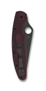 Spyderco Police 4 Sprint Run folding knife with thumb hole - shown closed pocket clip side.  Black PD#1 steel plain edge blade.  Burgundy FRN handle.  Model C07BGBKP4.
For reference only.