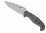 Spyderco Temperance Sprint Run fixed blade knife - shown out of sheath obverse.  Satin Cru-Wear steel plain edge blade.  Gray FRN handle.  Model FB05PGY.
