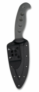 Spyderco Temperance Sprint Run fixed blade knife - shown in sheath obverse.  Satin Cru-Wear steel plain edge blade.  Gray FRN handle.  Model FB05PGY.

