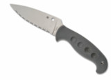 Spyderco Temperance Sprint Run fixed blade knife - shown out of sheath obverse.  Satin Cru-Wear steel serrated edge blade.  Gray FRN handle.  Model FB05SGY.