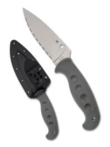 Spyderco Temperance Sprint Run fixed blade knife - shown out of sheath obverse and in sheath obverse. Satin Cru-Wear steel serrated edge blade. Gray FRN handle. Model FB05SGY. Spyderco Temperance Sprint Run fixed blade knife - shown out of sheath obverse and in sheath obverse. Satin Cru-Wear steel serrated edge blade. Gray FRN handle. Model FB05SGY.