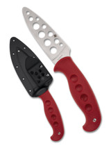 Spyderco Temperance Trainer Sprint Run fixed blade knife - shown out of sheath obverse and in sheath obverse. 420J2 stainless steel trainer blade. Red FRN handle. Model FB05TRD. Spyderco Temperance Trainer Sprint Run fixed blade knife - shown out of sheath obverse and in sheath obverse. 420J2 stainless steel trainer blade. Red FRN handle. Model FB05TRD.
