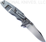 Rick Hinderer Knives Eklipse Spear Point folding knife with flipper tab and thumb stud - shown open lock side.  Stonewash S45VN stainless steel plain edge blade.  Blue - black G-10 handle with stonewash lock side.  Model KEK35SPE.