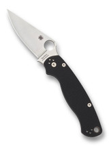 Spyderco Paramilitary 2 folding knife with thumb hole - shown open presentation side.  Satin S45VN stainless steel plain edge blade.  Black G-10 handle.  Model C81GP2.