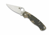 Spyderco Paramilitary 2 folding knife with thumb hole - shown open presentation side.  Satin S45VN stainless steel plain edge blade.  Digi Camo G-10 handle.  Model C81GPCMO2.
