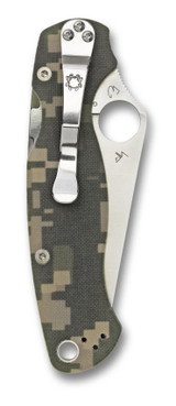 Spyderco Paramilitary 2 folding knife with thumb hole - shown closed pocket clip side.  Satin S45VN stainless steel plain edge blade.  Digi Camo G-10 handle.  Model C81GPCMO2.
