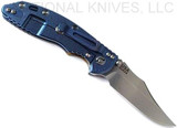 Rick Hinderer Knives Non Flipper XM-18 3.5" Bowie folding knife with thumb stud - shown open lock side.  Stonewash S45VN stainless steel plain edge blade.  Coyote G-10 handle with stonewash blue lock side.  Model KXM35NFBOW.