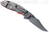 Rick Hinderer Knives Non Flipper XM-18 3.5" Bowie folding knife with thumb stud - shown open lock side.  Working Finish S45VN stainless steel plain edge blade.  Orange G-10 handle with Working Finish lock side.  Model KXM35NFBOW.