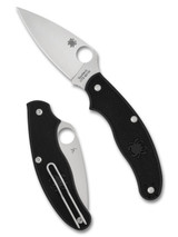 Spyderco UKPK Leaf folding knife with thumb hole - shown open presentation side and closed pocket clip side.  Satin CTS-BD1N stainless steel plain edge blade. Black FRN handle.  Model C94PBK.