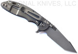 Rick Hinderer Knives XM-18 3.0" Harpoon Tanto folding knife with thumb stud and flipper tab - shown open lock side.  Working Finish S45VN stainless steel plain edge blade.  OD green G-10 handle with Working Finish lock side.  Model KXM3000HT.