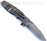 Rick Hinderer Knives Eklipse Harpoon Spanto folding knife with flipper tab and thumb stud - shown open lock side.  Stonewash S45VN stainless steel plain edge blade.  Blue G-10 handle with stonewash lock side.  Model KEK35HSA.