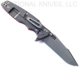 Rick Hinderer Knives Eklipse Harpoon Spanto folding knife with flipper tab and thumb stud - shown open lock side.  Working Finish S45VN stainless steel plain edge blade.  Orange G-10 handle with Working Finish lock side.  Model KEK35HSA.