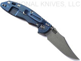 Rick Hinderer Knives Non Flipper XM-18 3.5" Bowie folding knife with thumb stud - shown open lock side.  Working Finish S45VN stainless steel plain edge blade.  Coyote G-10 handle with Battle Blue lock side.  Model KXM35NFBOW.