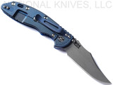 Rick Hinderer Knives Non Flipper XM-18 3.5" Bowie folding knife with thumb stud - shown open lock side.  Working Finish S45VN stainless steel plain edge blade.  Blue G-10 handle with Battle Blue lock side.  Model KXM35NFBOW.