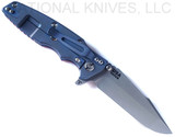 Rick Hinderer Knives Eklipse Harpoon Spanto folding knife with flipper tab and thumb stud - shown open lock side.  Working Finish S45VN stainless steel plain edge blade.  Red G-10 handle with Battle Blue lock side.  Model KEK35HSA.