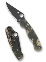 Spyderco Paramilitary 2 folding knife with thumb hole - shown open presentation side and closed pocket clip side.  Black S45VN stainless steel plain edge blade.  Digi Camo G-10 handle.  Model C81GPCMOBK2.