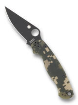 Spyderco Paramilitary 2 folding knife with thumb hole - shown open presentation side.  Black S45VN stainless steel plain edge blade.  Digi Camo G-10 handle.  Model C81GPCMOBK2.