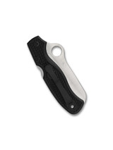 Spyderco Atlantic Salt folding knife with thumb hole - shown closed pocket clip side.  Satin H-2 stainless steel serrated edge blade.  Black FRN handle. Model C89SBK.