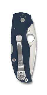 Spyderco Native 5 folding knife with thumb hole - shown closed pocket clip side.  Satin SPY27 stainless steel plain edge blade.  Cobalt Blue G-10 handle.  Model C41GPCBL5.
