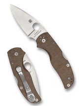 Spyderco Native 5 folding knife with thumb hole - shown open presentation side and closed pocket clip side.  Satin Cru-Wear steel plain edge blade.  Brown Micarta handle.  Model C41MPCW5.

