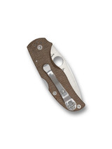 Spyderco Native 5 folding knife with thumb hole - shown closed pocket clip side.  Satin Cru-Wear steel plain edge blade.  Brown Micarta handle.  Model C41MPCW5.