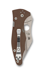 Spyderco Yojimbo 2 Sprint Run folding knife with thumb hole - shown closed pocket clip side.  Stonewash 15V steel plain edge blade.  Brown G-10 handle. Model C85GPBN15V2.