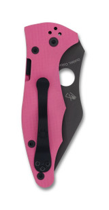Spyderco Yojimbo 2 Sprint Run folding knife with thumb hole - shown closed pocket clip side.  Black S30V stainless steel plain edge blade.  Pink G-10 handle. Model C85GPNBKP2.