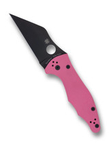 Spyderco Yojimbo 2 Sprint Run folding knife with thumb hole - shown open presentation side.  Black S30V stainless steel plain edge blade.  Pink G-10 handle. Model C85GPNBKP2.
