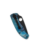 Spyderco Tenacious folding knife with thumb hole - shown closed pocket clip side.  Black D2 steel plain edge blade.  Disarray titanium handle.  Model C122TIBLBKD2P.
