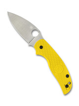 Spyderco Sage 5 Salt folding knife with thumb hole - shown open presentation side.  Satin MagnaCut stainless steel plain edge blade.  Yellow FRN handle.  Model C123PYL.
