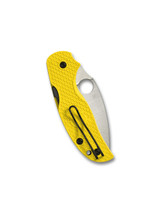 Spyderco Sage 5 Salt folding knife with thumb hole - shown closed pocket clip side.  Satin MagnaCut stainless steel plain edge blade.  Yellow FRN handle.  Model C123PYL.