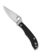 Spyderco Honeybee folding knife with thumb hole - shown open obverse.  Satin 12c27 stainless steel plain edge blade.  Black G-10 handle.  Model C137GBKP.
