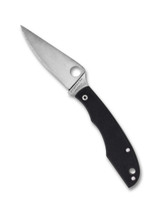 Spyderco Grasshopper folding knife with thumb hole - shown open obverse.  Satin 12c27 stainless steel plain edge blade.  Black G-10 handle.  Model C137GBKP.