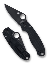Spyderco Para 3 Salt folding knife with thumb hole - shown open presentation side and closed pocket clip side.  Black MagnaCut stainless steel plain edge blade. Black G-10 handle.  Model C223GMCBKP.