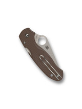 Spyderco Para 3 Sprint Run folding knife with thumb hole - shown closed pocket clip side.  Stonewash 15V steel plain edge blade.  Brown FRN handle.  Model C223PBN15V.
For reference only.