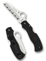 Spyderco Rescue 79mm folding knife with thumb hole - shown open presentation side and closed pocket clip side.  Satin VG-10 stainless steel serrated edge blade.  Black FRN handle.  Model C45SBK.