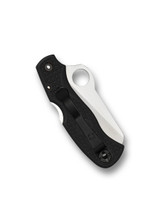 Spyderco Rescue 79mm folding knife with thumb hole - shown closed pocket clip side.  Satin VG-10 stainless steel serrated edge blade.  Black FRN handle.  Model C45SBK.