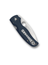 Spyderco Shaman folding knife with thumb hole - shown closed pocket clip side.  Satin SPY27 stainless steel plain edge blade.  Cobalt Blue G-10 handle.  Model C229GPCBL.