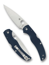 Spyderco Native Chief folding knife with thumb hole - shown open presentation side and closed pocket clip side.  Satin SPY27 stainless steel plain edge blade.  Cobalt Blue G-10 handle.  Model C244GPCBL.
