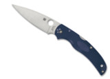 Spyderco Native Chief folding knife with thumb hole - shown open presentation side.  Satin S110V stainless steel plain edge blade.  Dark Blue FRN handle.  Model C244PDBL.