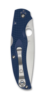 Spyderco Native Chief folding knife with thumb hole - shown closed pocket clip side.  Satin S110V stainless steel plain edge blade.  Dark Blue FRN handle.  Model C244PDBL.
