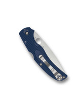 Spyderco Native Chief folding knife with thumb hole - shown closed pocket clip side.  Satin S110V stainless steel plain edge blade.  Dark Blue FRN handle.  Model C244PDBL.