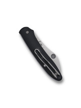 Spyderco Roadie XL Clipjoint folding knife with blade hole and Double Detent - shown closed pocket clip side.  Satin M398 stainless steel plain edge blade. Black FRN handle.  Model C267BKP.