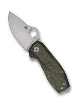 Spyderco SpyNano Flash Batch folding knife with thumb hole and flipper tab - shown open presentation side.  Satin M398 stainless steel plain edge blade.  Green Micarta handle with titanium lock side.  Model C268MTIP.