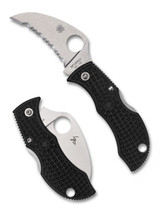 Spyderco Manbug hawkbill folding knife with thumb hole - shown open obverse and closed reverse.  Satin VG-10 stainless steel serrated edge blade.  Black FRN handle.  Model MBKHBS.