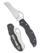 Byrd Knives Gooney folding knife with thumb slot - shown both open presentation side and closed pocket clip side. Satin 9Cr14MoV stainless steel plain edge blade. Gray G-10 handle. Model BY23GPGY. Byrd Knives Gooney folding knife with thumb slot - shown both open presentation side and closed pocket clip side. Satin 9Cr14MoV stainless steel plain edge blade. Gray G-10 handle. Model BY23GPGY.
