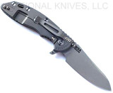 Rick Hinderer Knives XM-18 3.5" Sheepsfoot folding knife with thumb stud and flipper tab - shown open lock side.  Working Finish S45VN stainless steel plain edge blade.  OD green G-10 handle with Working Finish lock side.  Model KXM35SHF.