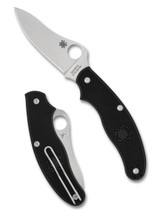 Spyderco UKPK Drop Point folding knife with thumb hole - shown open presentation side and closed pocket clip side.  Satin CTS-BD1N stainless steel plain edge blade. Black FRN handle.  Model C94PBK3.