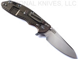 Rick Hinderer Knives XM-18 3.5" Sheepsfoot folding knife with thumb stud and flipper tab - shown open lock side.  Stonewash S45VN stainless steel plain edge blade.  Coyote G-10 handle with stonewash bronze lock side.  Model KXM35SHF.