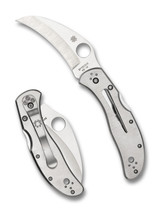 Spyderco Harpy folding knife with thumb hole - shown both open presentation side and closed pocket clip side. Satin VG-10 stainless steel plain edge blade. Stainless steel handle. Model C08P. Spyderco Harpy folding knife with thumb hole - shown both open presentation side and closed pocket clip side. Satin VG-10 stainless steel plain edge blade. Stainless steel handle. Model C08P.